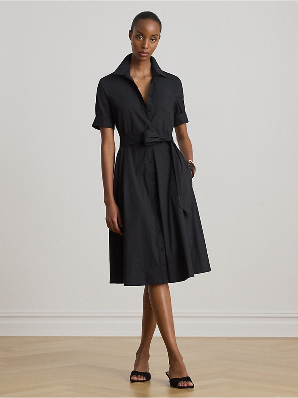 NWT Lauren Ralph Lauren Belted Cotton Blend Shirtdress Black Size 14